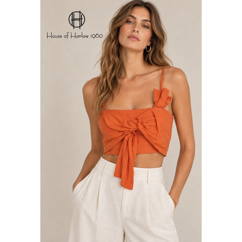 NWT House Of Harlow 1966 Crop Top Orange Linen Bow Tie Back Womens Size Medium